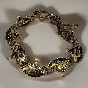 Vintage Japanese Double Fan Damascene Bracelet, Each Fan Has a Different Scene